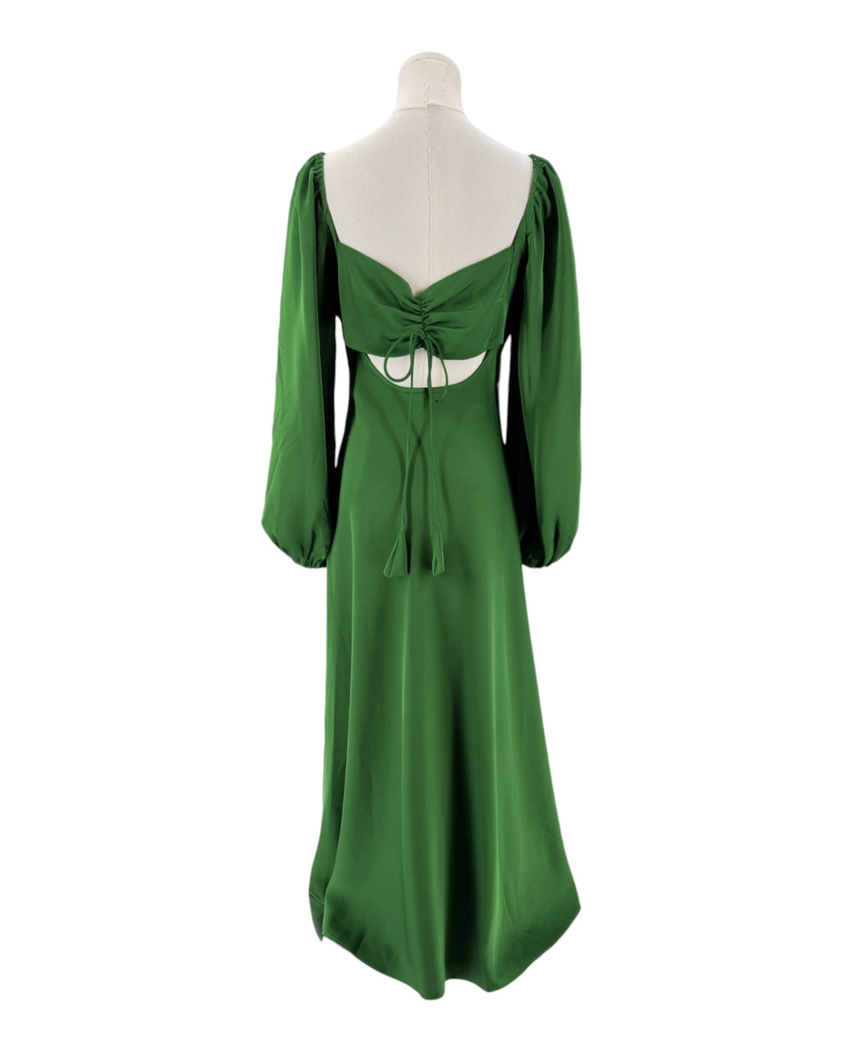 Satin midi dress with twisted sweetheart neckline balloon sleeves, cut out in back with tie, side zipper&nbsp;