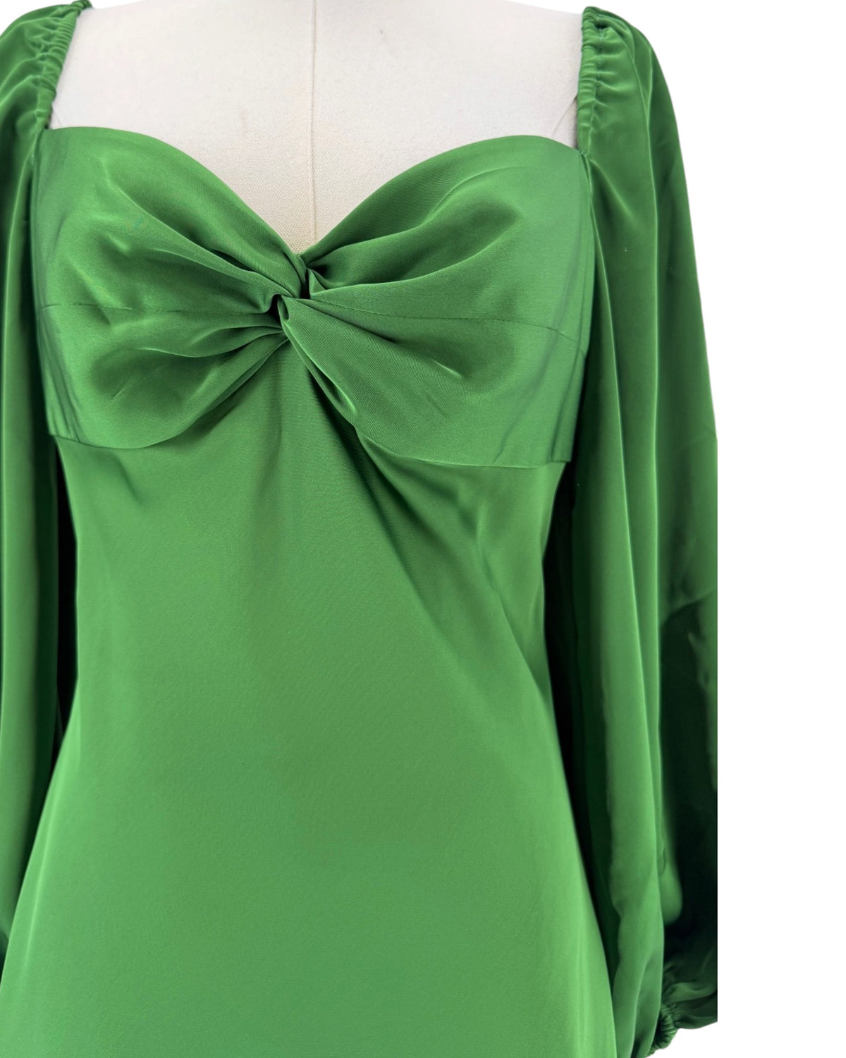 Satin midi dress with twisted sweetheart neckline balloon sleeves, cut out in back with tie, side zipper&nbsp;