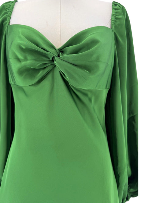 Satin midi dress with twisted sweetheart neckline balloon sleeves, cut out in back with tie, side zipper&nbsp;