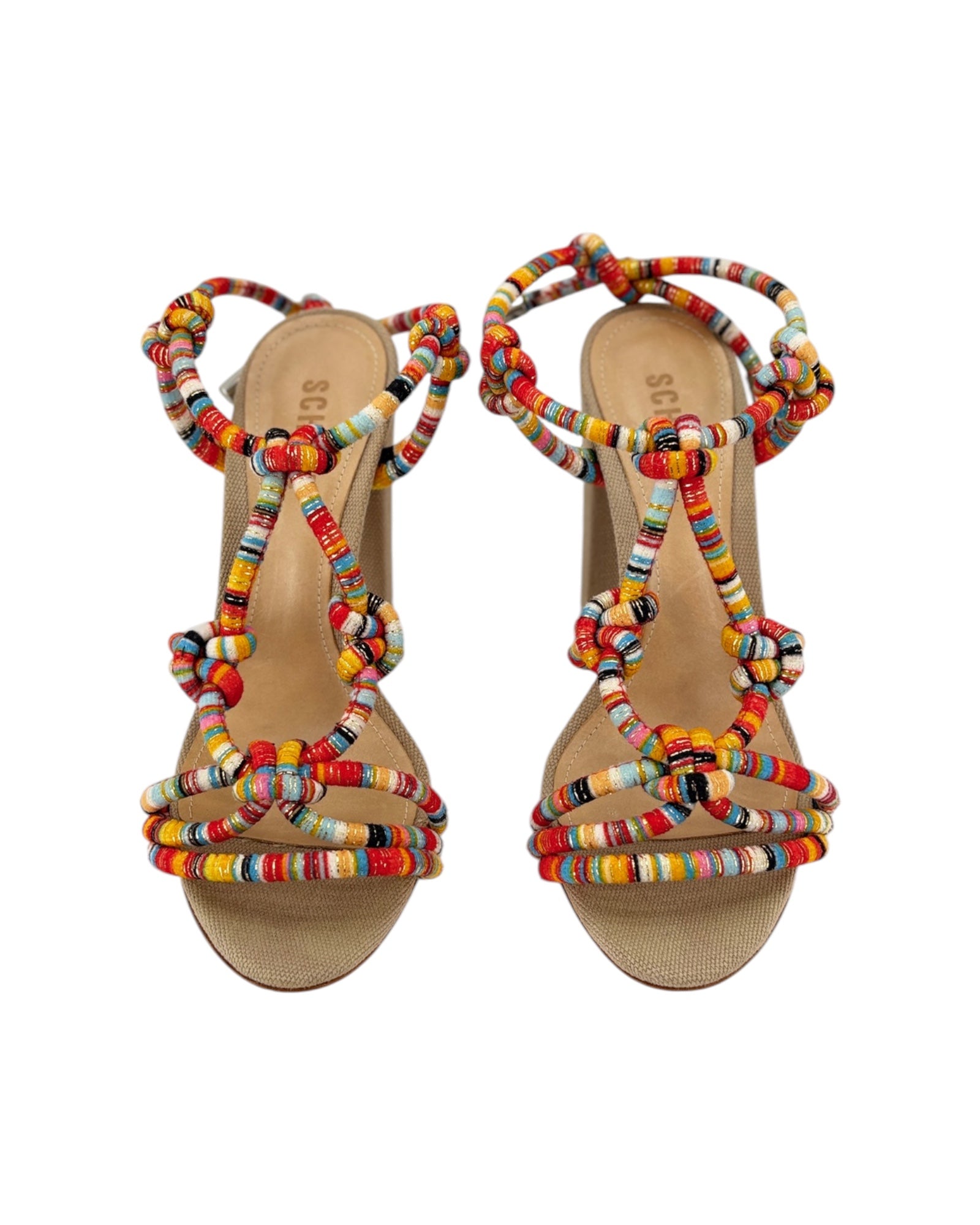 Colorful braided sandals on a white background