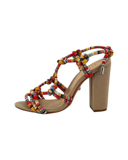 Colorful braided sandals on a white background