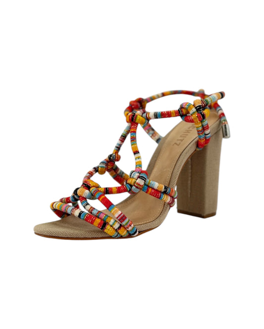Colorful braided sandals on a white background