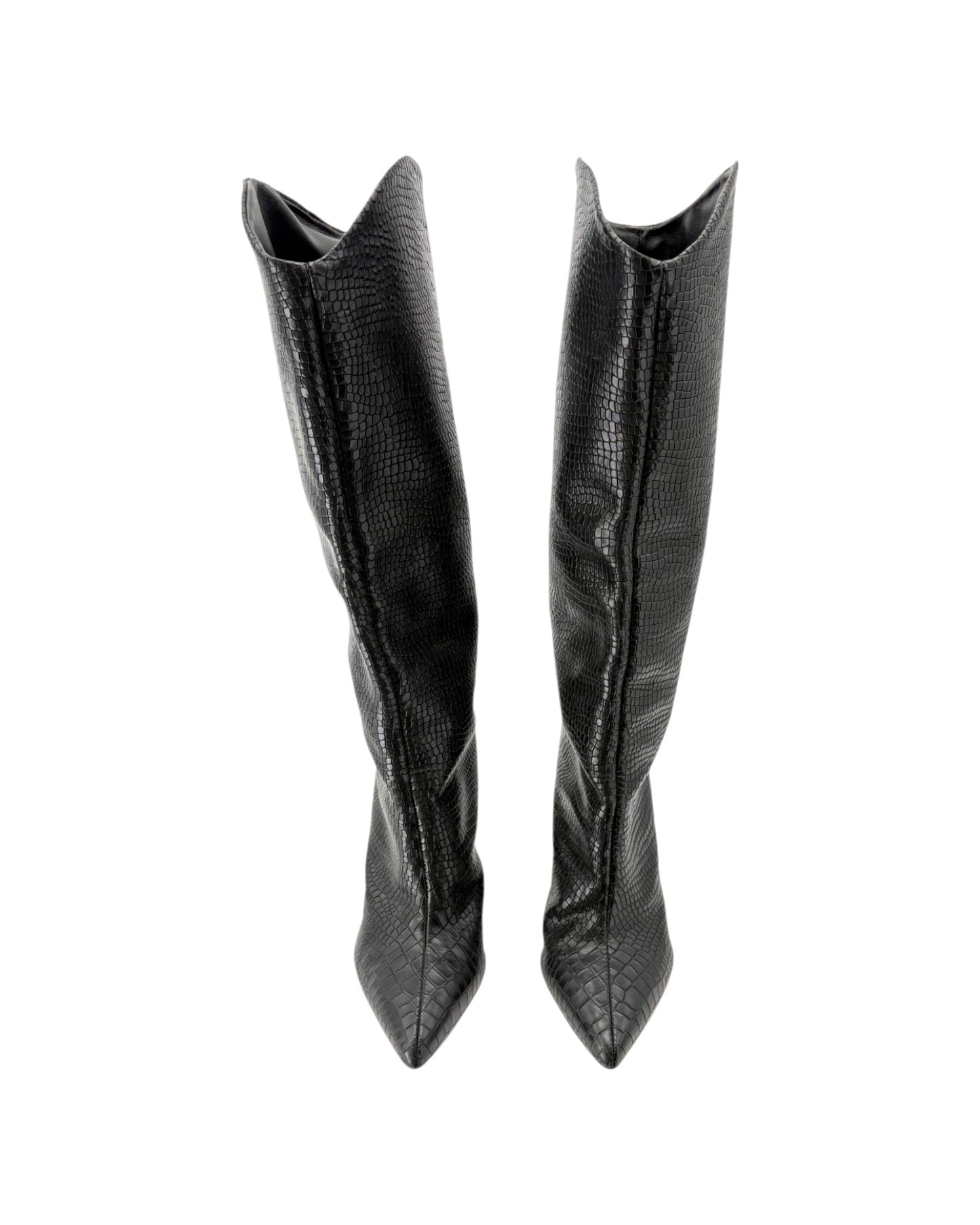 A pair of black pointed-toe knee-high boots with a textured, reptile-like embossed pattern, shown against a plain white background.