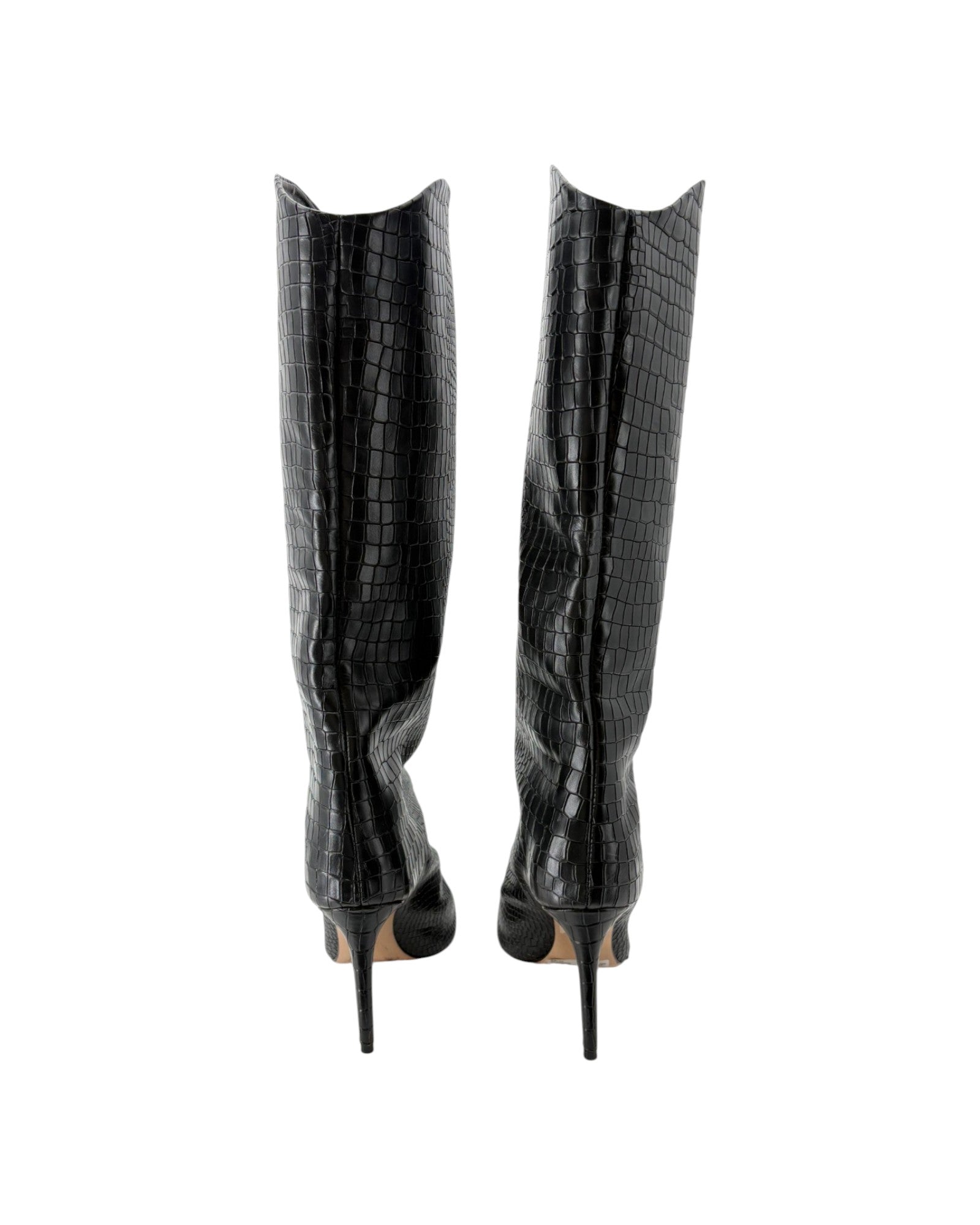 A pair of black crocodile-embossed leather knee-high boots with pointed stiletto heels, shown from the back against a plain white background.