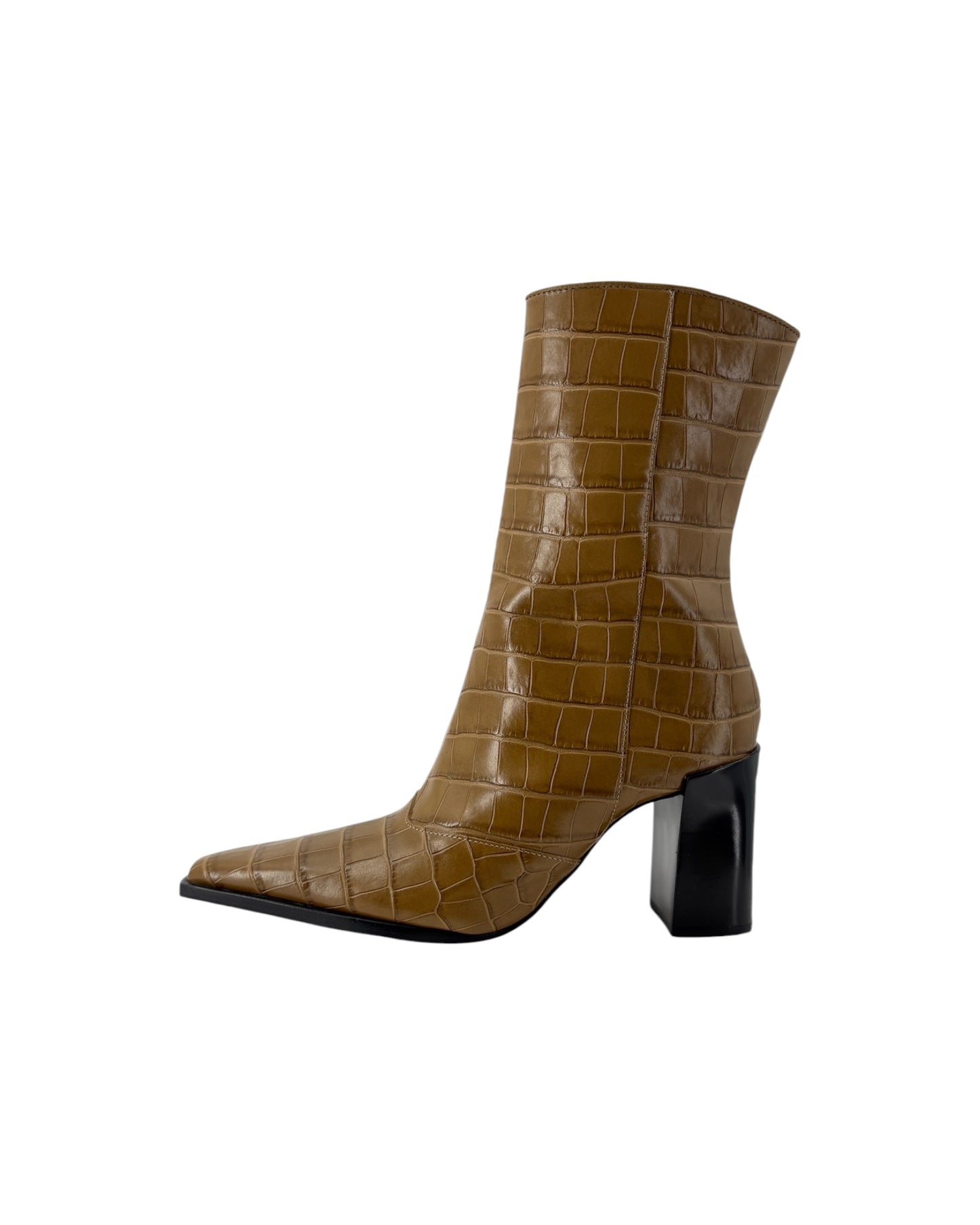 Brown crocodile-patterned boot with a black heel on a white background