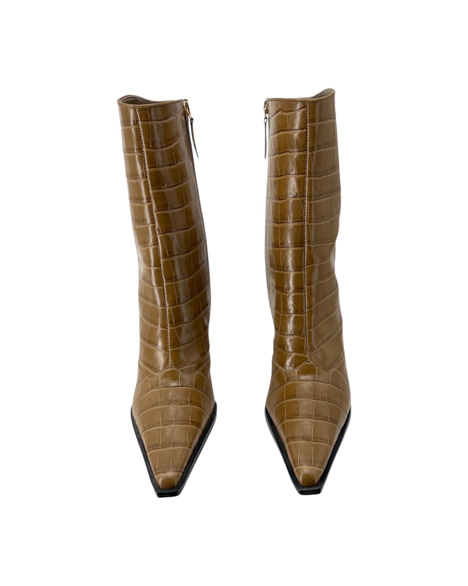 Pair of brown crocodile-patterned knee-high boots on a white background