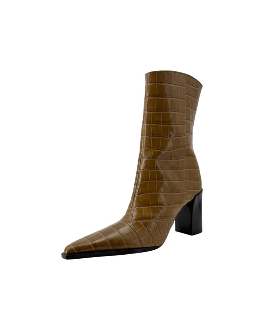 Brown crocodile-patterned ankle boot on a white background