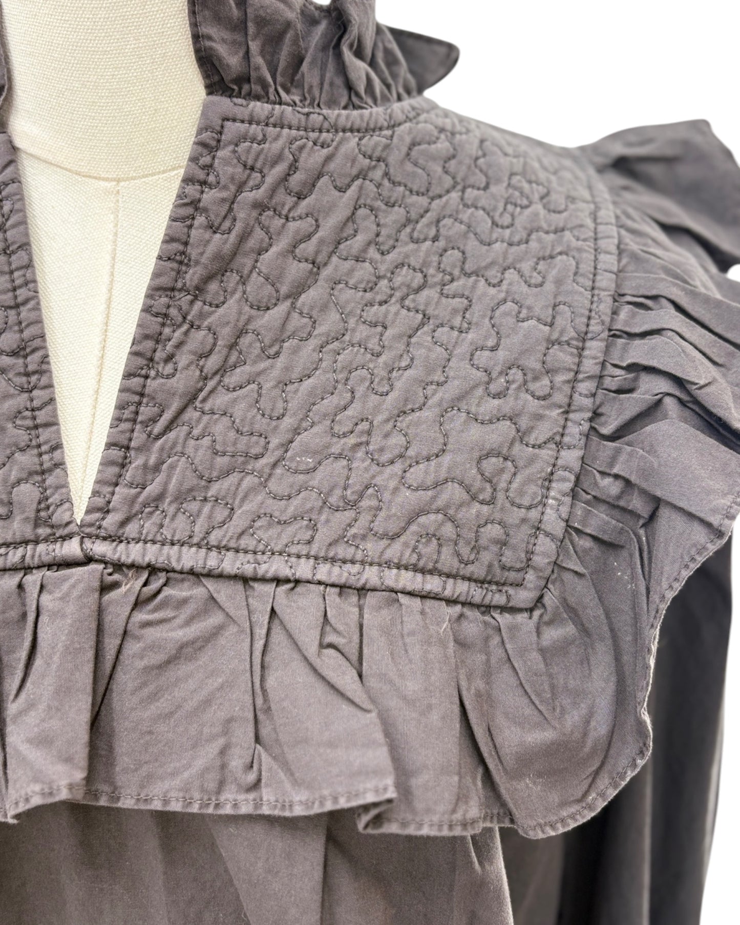 Gray quilted jacket on a mannequin with a white background