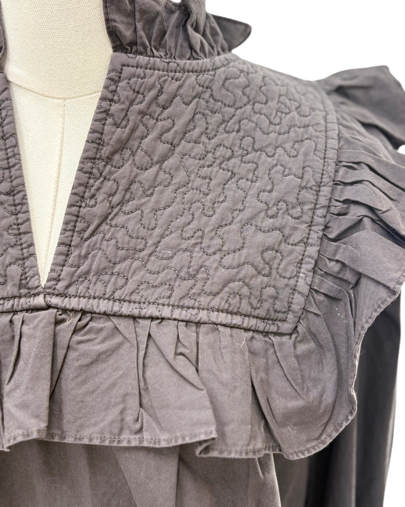 Gray quilted jacket on a mannequin with a white background