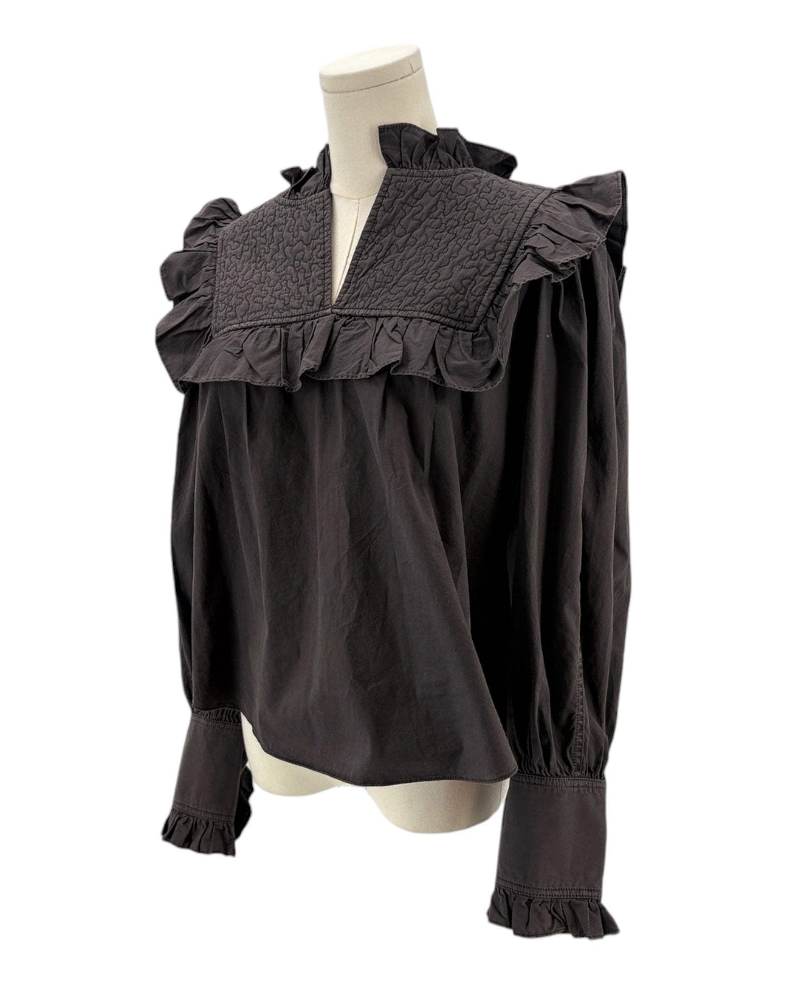 Dark gray blouse with ruffled details on a mannequin against a white background