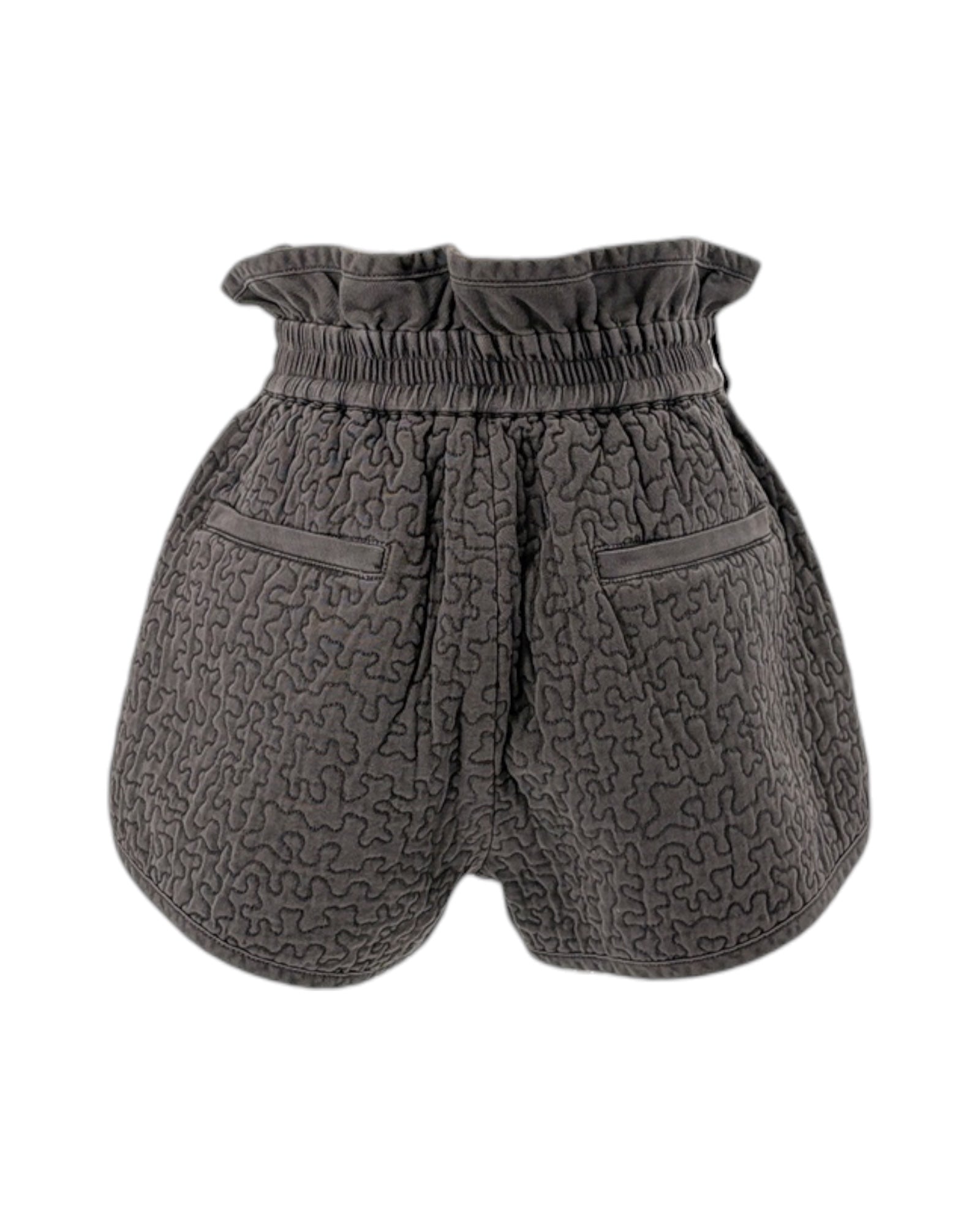 Gray quilted shorts on white background