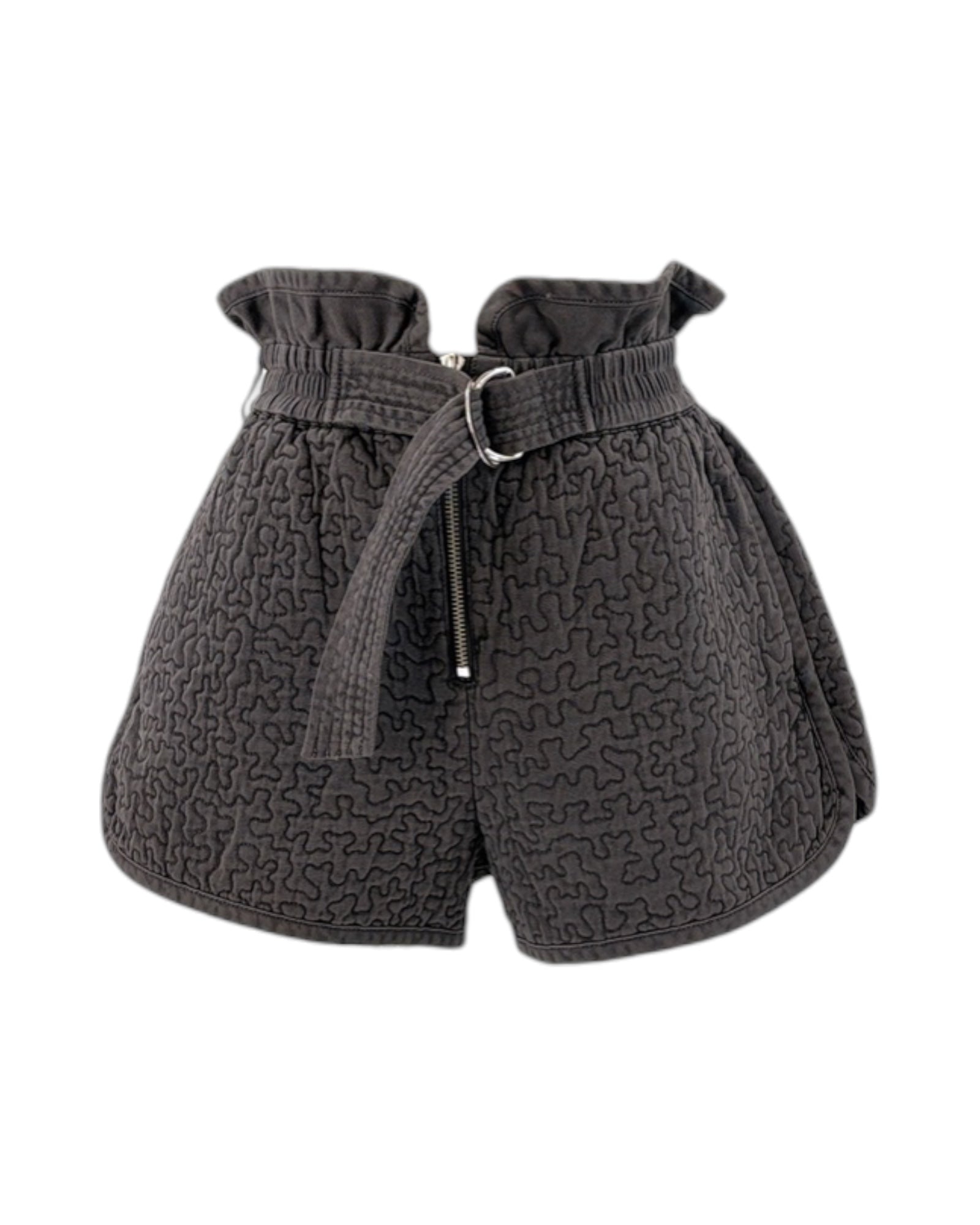Gray quilted shorts on white background