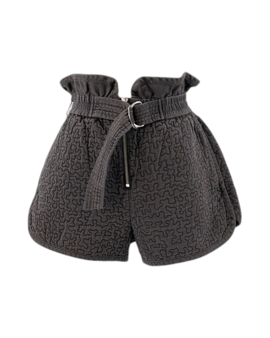 Gray quilted shorts on white background