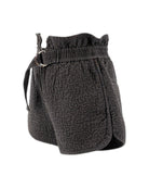 Gray quilted shorts on white background