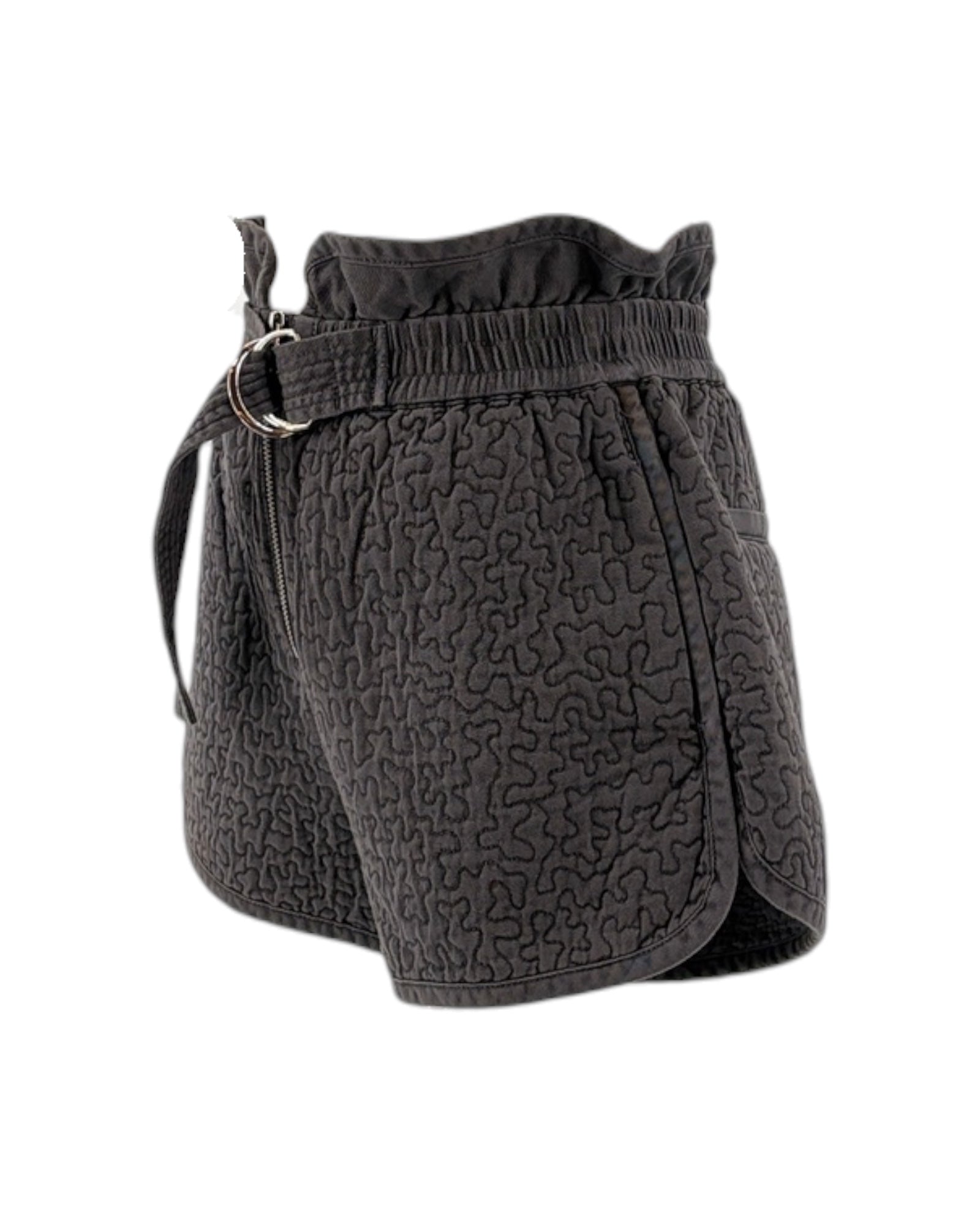 Gray quilted shorts on white background