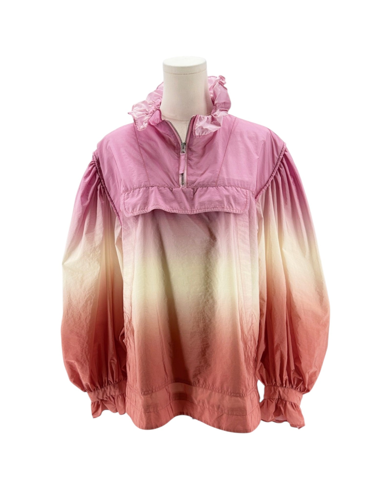 Pink and orange gradient jacket on a mannequin against a white background