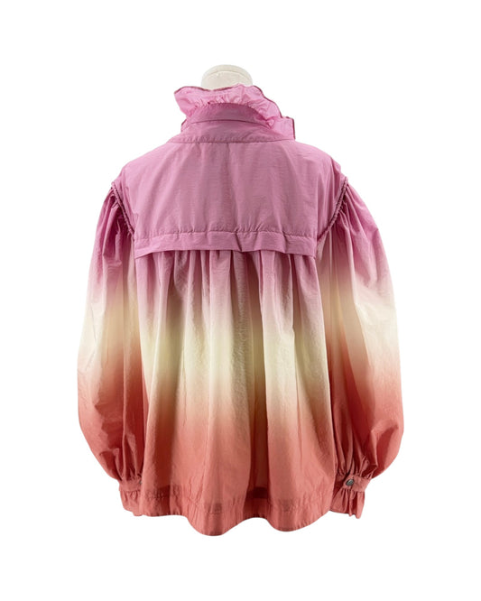 Pink to yellow gradient jacket on a mannequin against a white background
