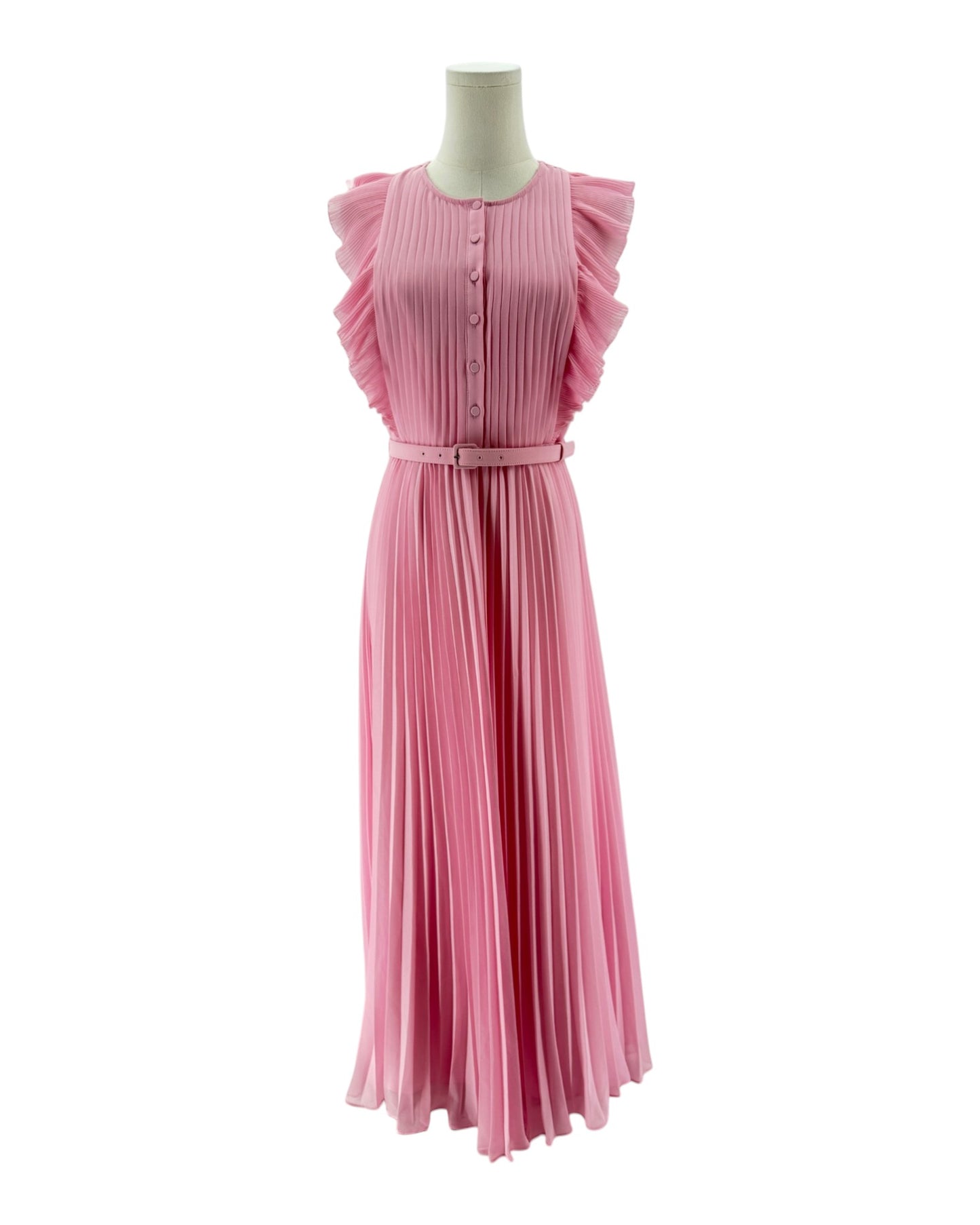 Pink dress on a mannequin against a white background