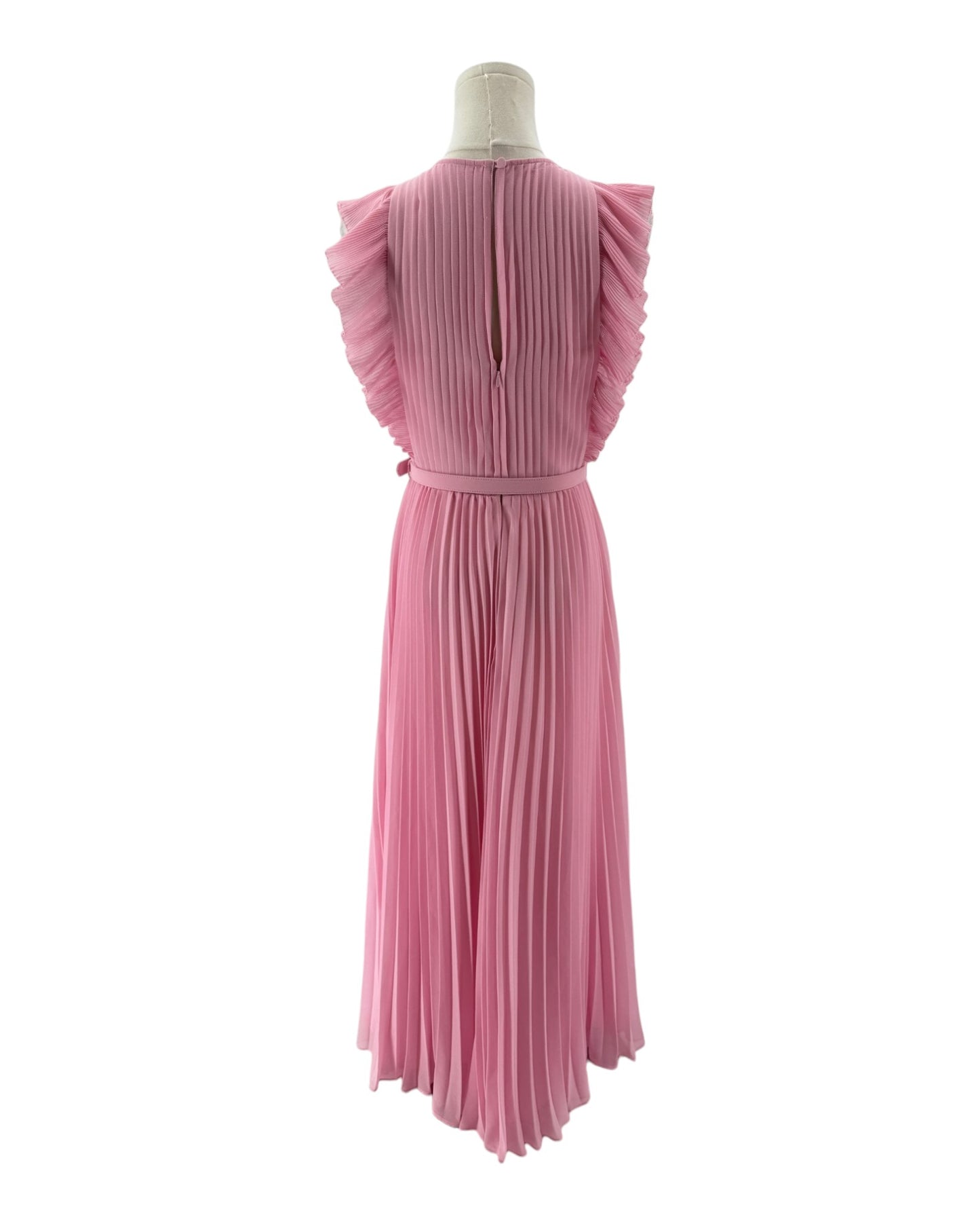 Pink pleated dress on a mannequin against a white background