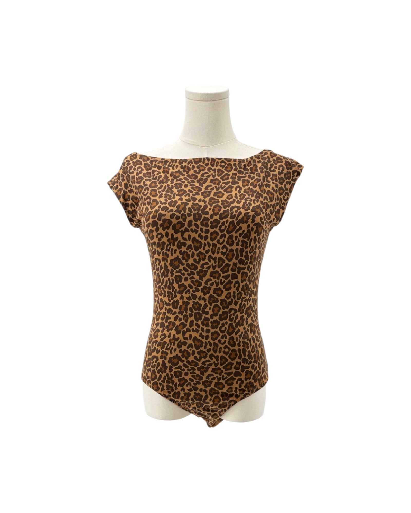 A brown and beige leopard print short-sleeve bodysuit displayed on a white mannequin torso against a plain white background.