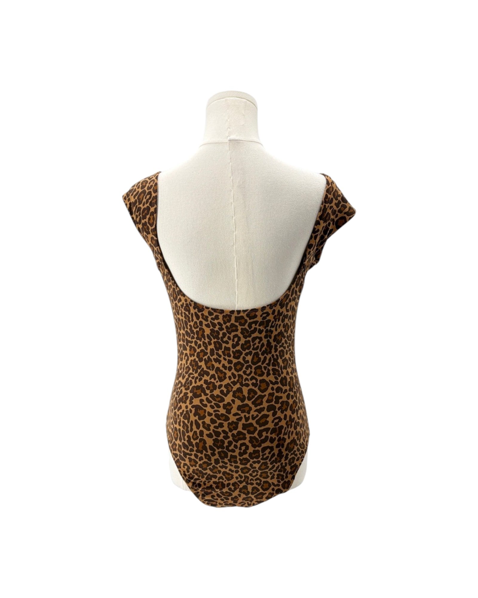 A leopard print bodysuit displayed on a white mannequin torso, showing the back view with a wide open back and cap sleeves, set against a plain white background.