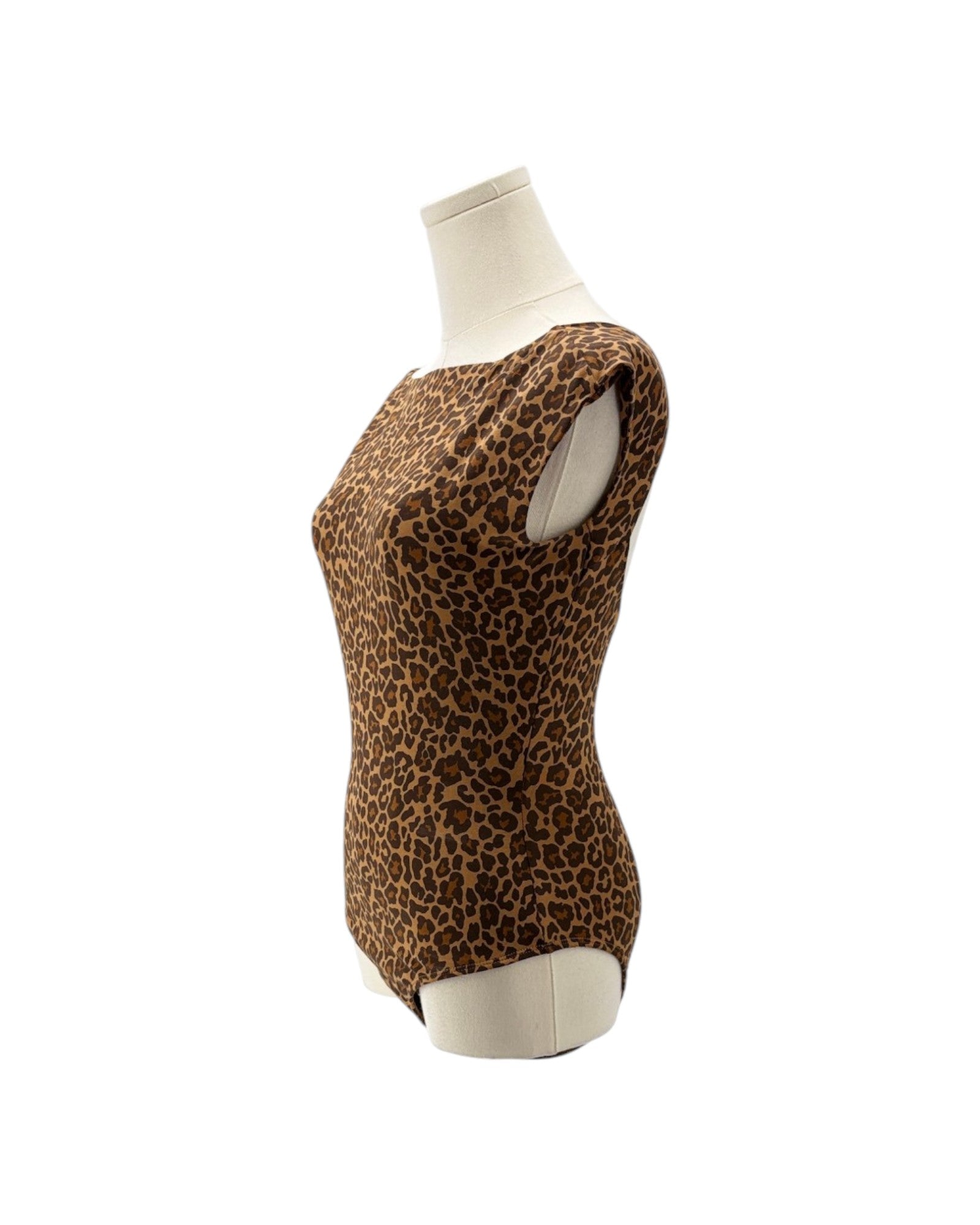 A sleeveless leopard-print bodysuit displayed on a white mannequin torso against a plain white background.