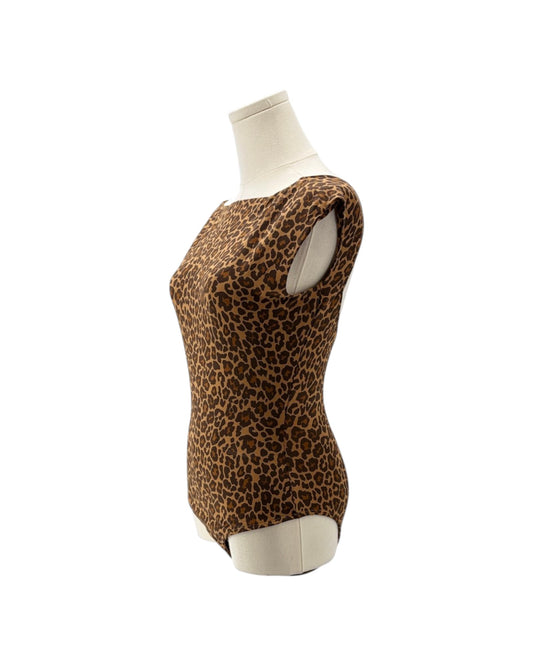 A sleeveless leopard-print bodysuit displayed on a white mannequin torso against a plain white background.