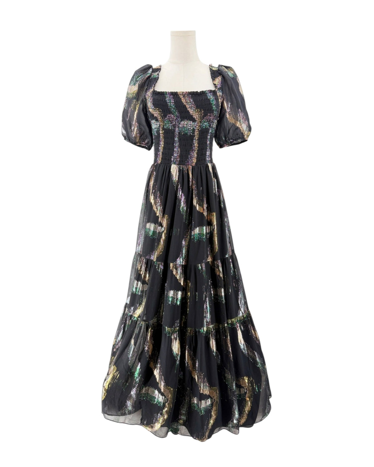 Short puff sleeve black maxi with a metallic print on a mannequin on a white background