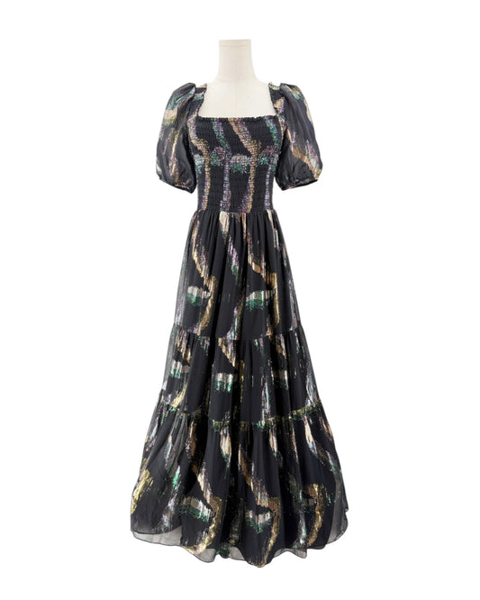 Short puff sleeve black maxi with a metallic print on a mannequin on a white background