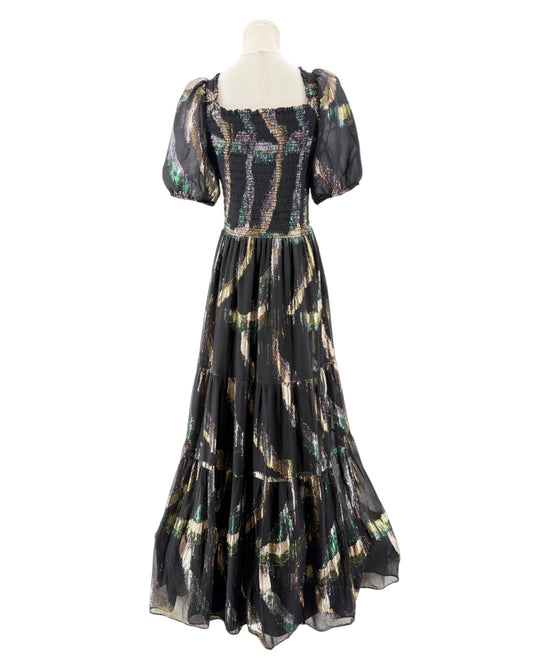 Short puff sleeve black maxi with a metallic print on a mannequin on a white background