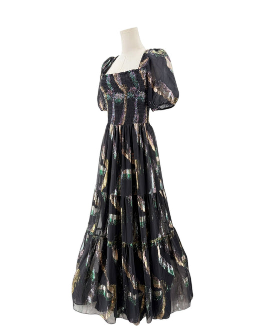 Short puff sleeve black maxi with a metallic print on a mannequin on a white background