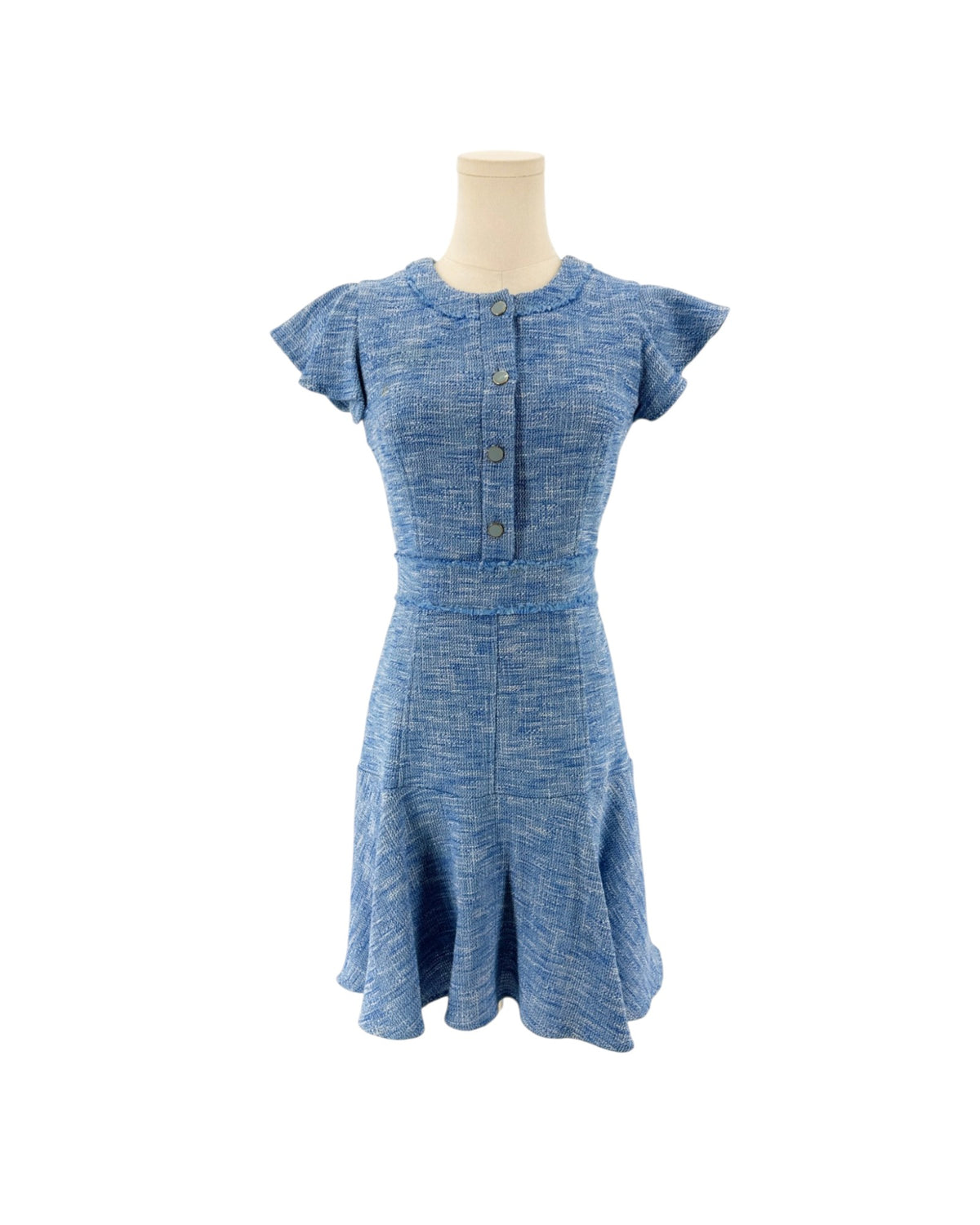 Blue Woven tweed, jewel neckline, partial button placket, playful flutter sleeves accented with with subtle fray trim, hidden back zipper with hook and eye mini dress on a mannequin on a white background