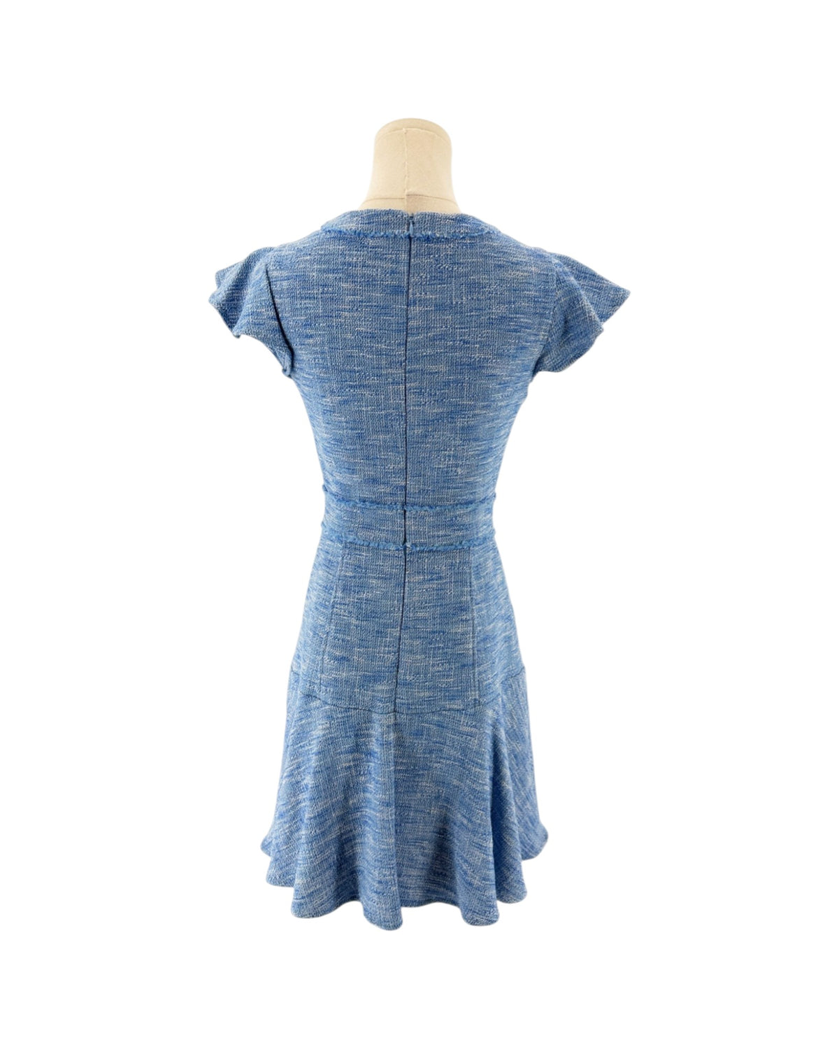 Blue Woven tweed, jewel neckline, partial button placket, playful flutter sleeves accented with with subtle fray trim, hidden back zipper with hook and eye mini dress on a mannequin on a white background