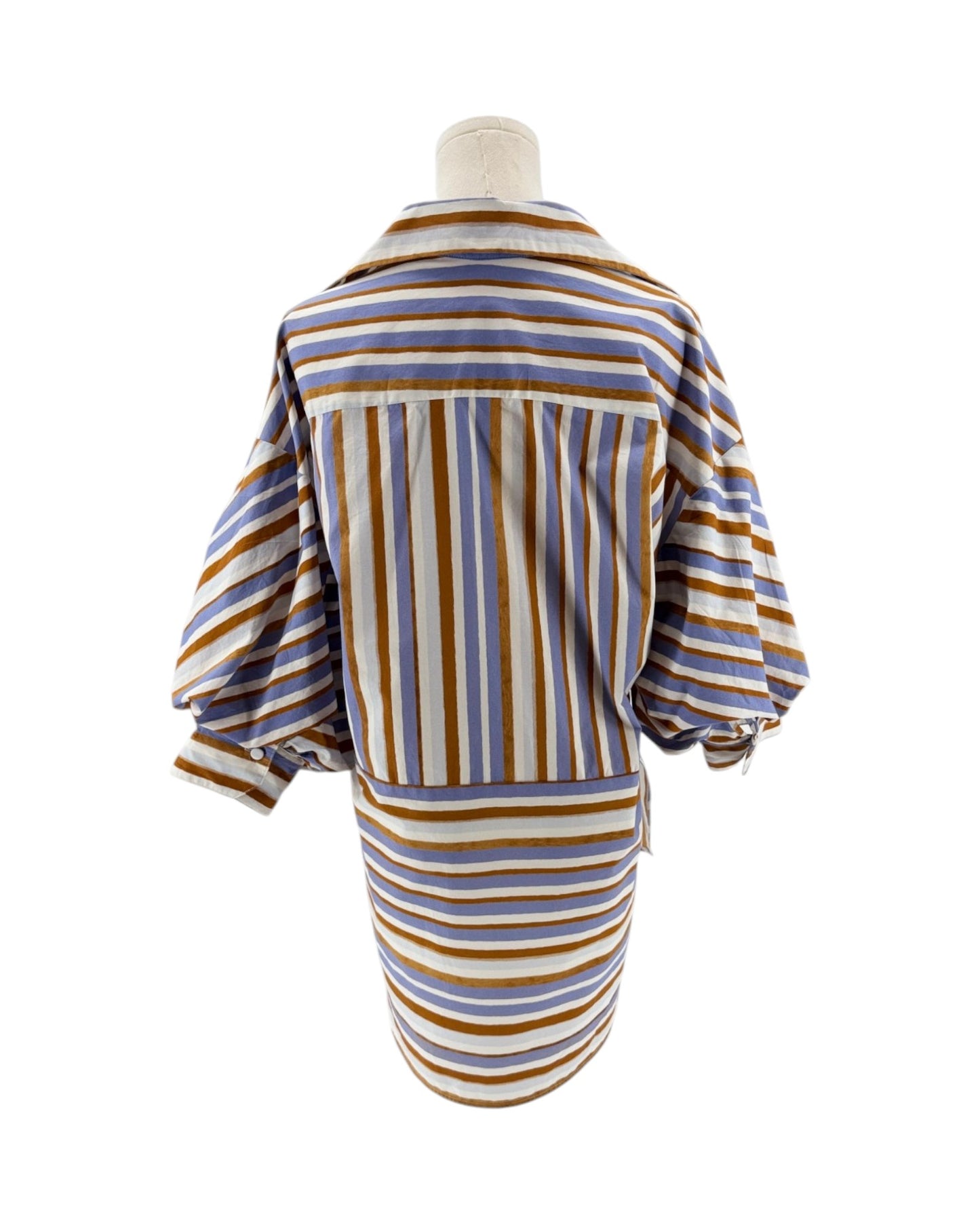 Striped shirt and skirt set on a mannequin against a white background