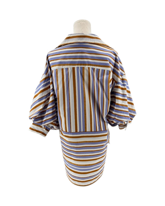 Striped shirt and skirt set on a mannequin against a white background