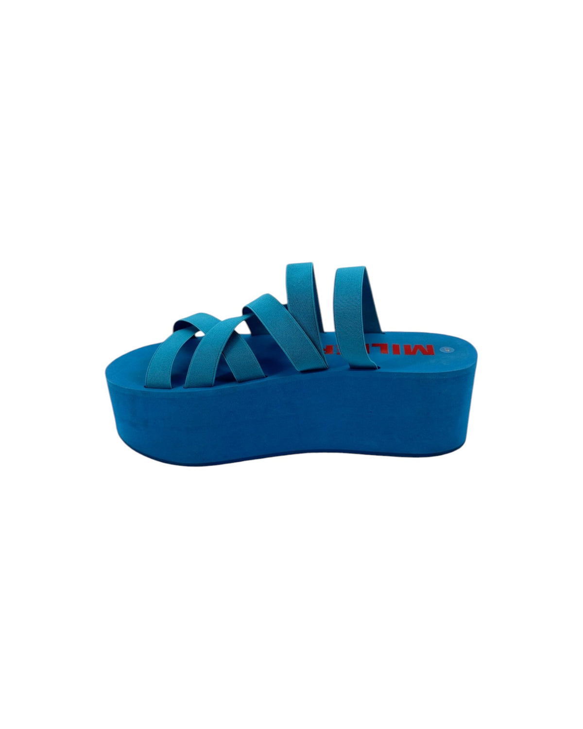 A pair of bright blue strappy sandals with a thick platform sole, shown from a top-down view on a plain white background.