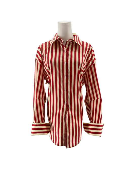 Red and white striped shirt on a mannequin against a white background