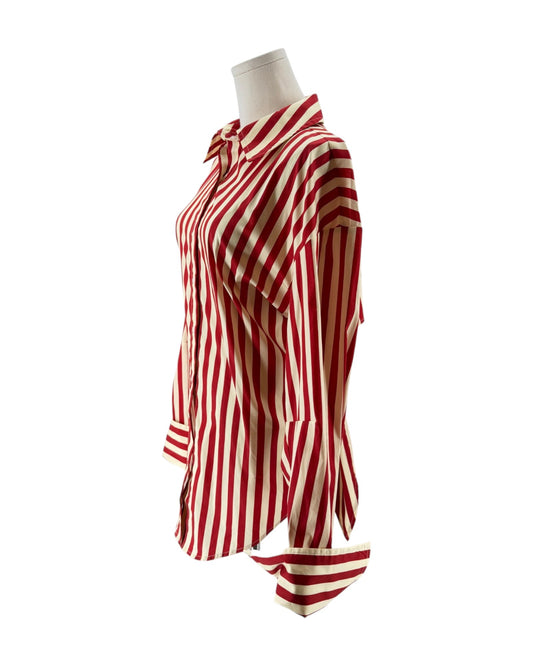 Red and white striped blouse on a mannequin against a white background