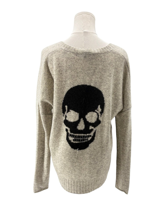 Gray sweater with a black skull design on a mannequin against a white background