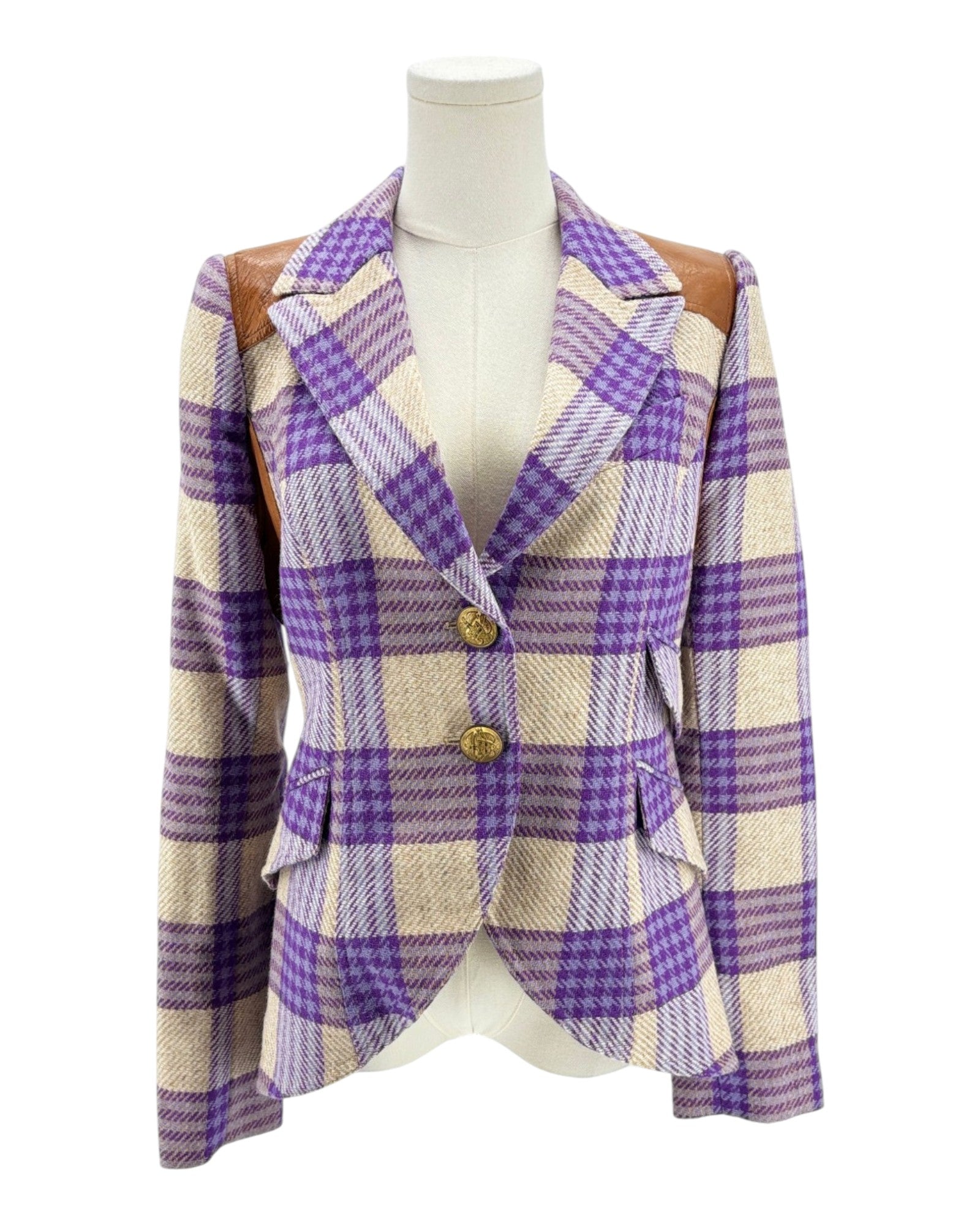 Purple plaid blazer with leather shoulder underarm and elbow patches on a mannequin on a white background 