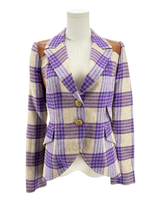 Purple plaid blazer with leather shoulder underarm and elbow patches on a mannequin on a white background 