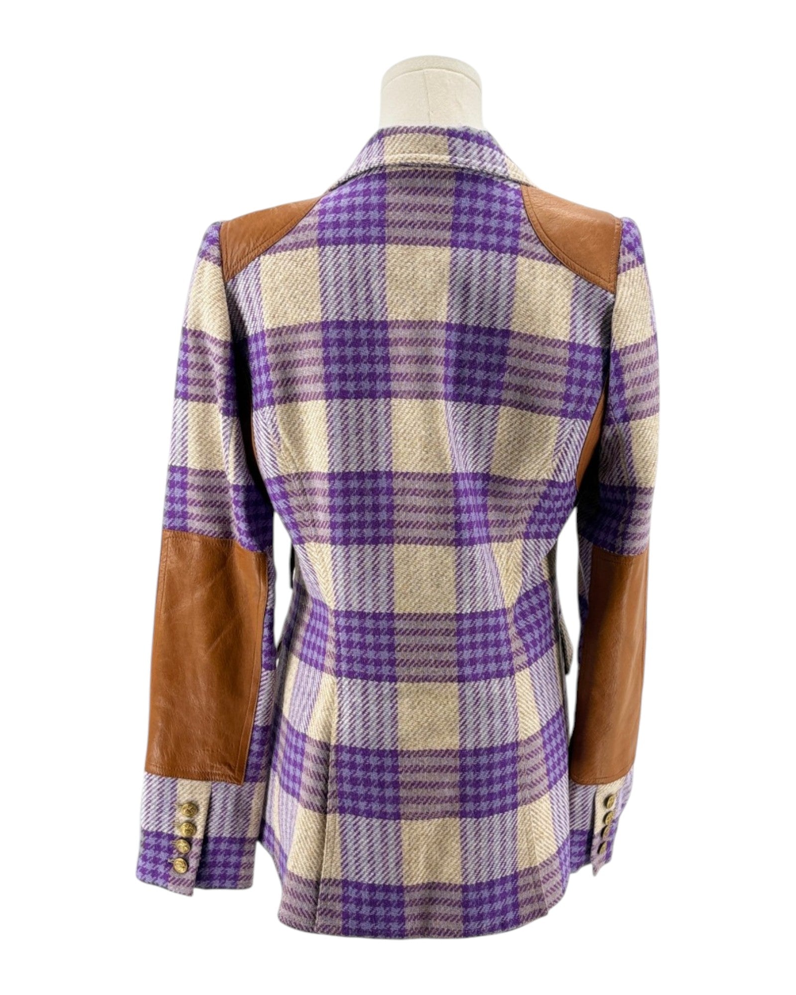 Purple plaid blazer with leather shoulder underarm and elbow patches on a mannequin on a white background 
