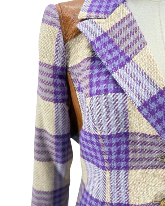 Purple plaid blazer with leather shoulder underarm and elbow patches on a mannequin on a white background 