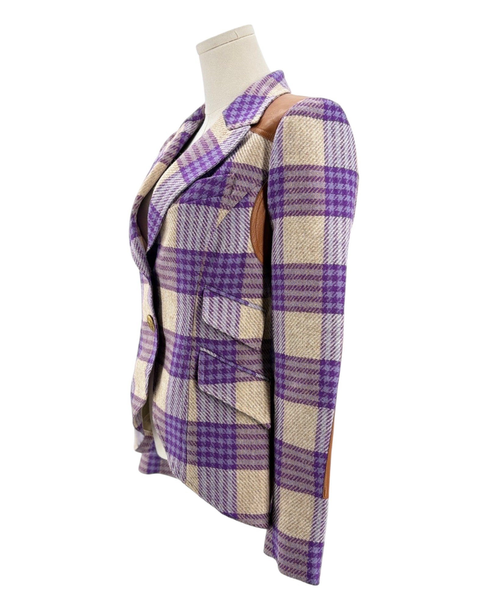 Purple plaid blazer with leather shoulder underarm and elbow patches on a mannequin on a white background 