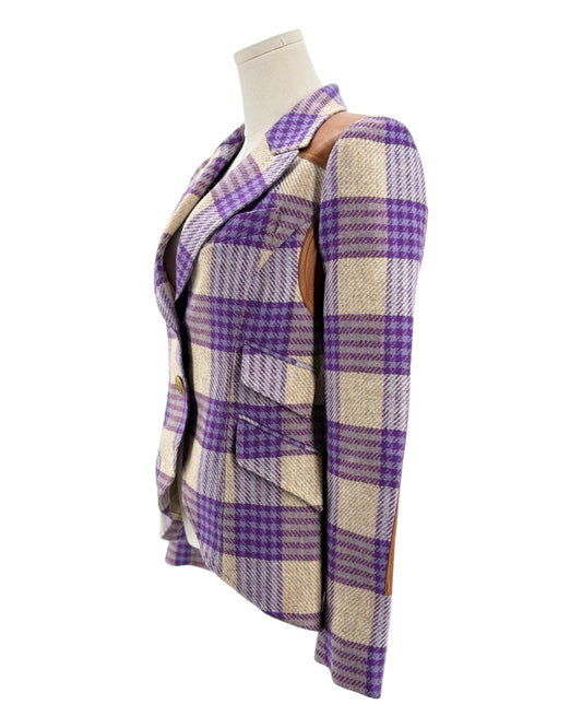 Purple plaid blazer with leather shoulder underarm and elbow patches on a mannequin on a white background 