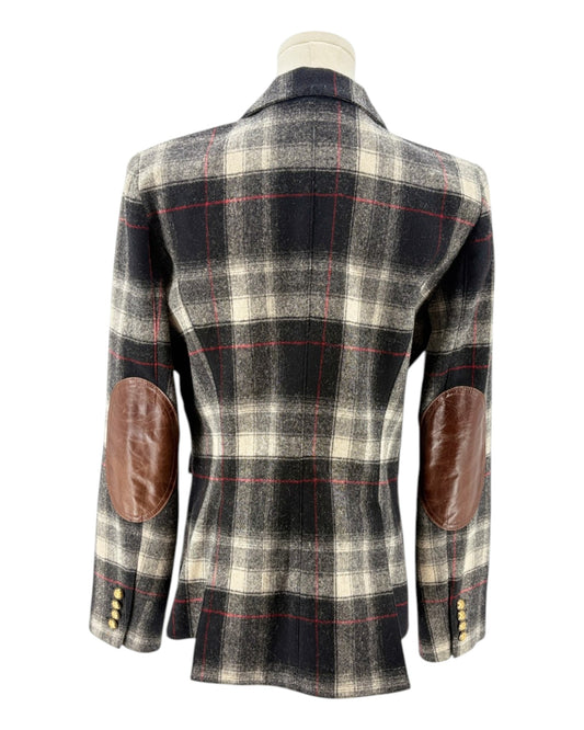 Smythe laid blazer jacket with leather elbow patches on a mannequin against a white background