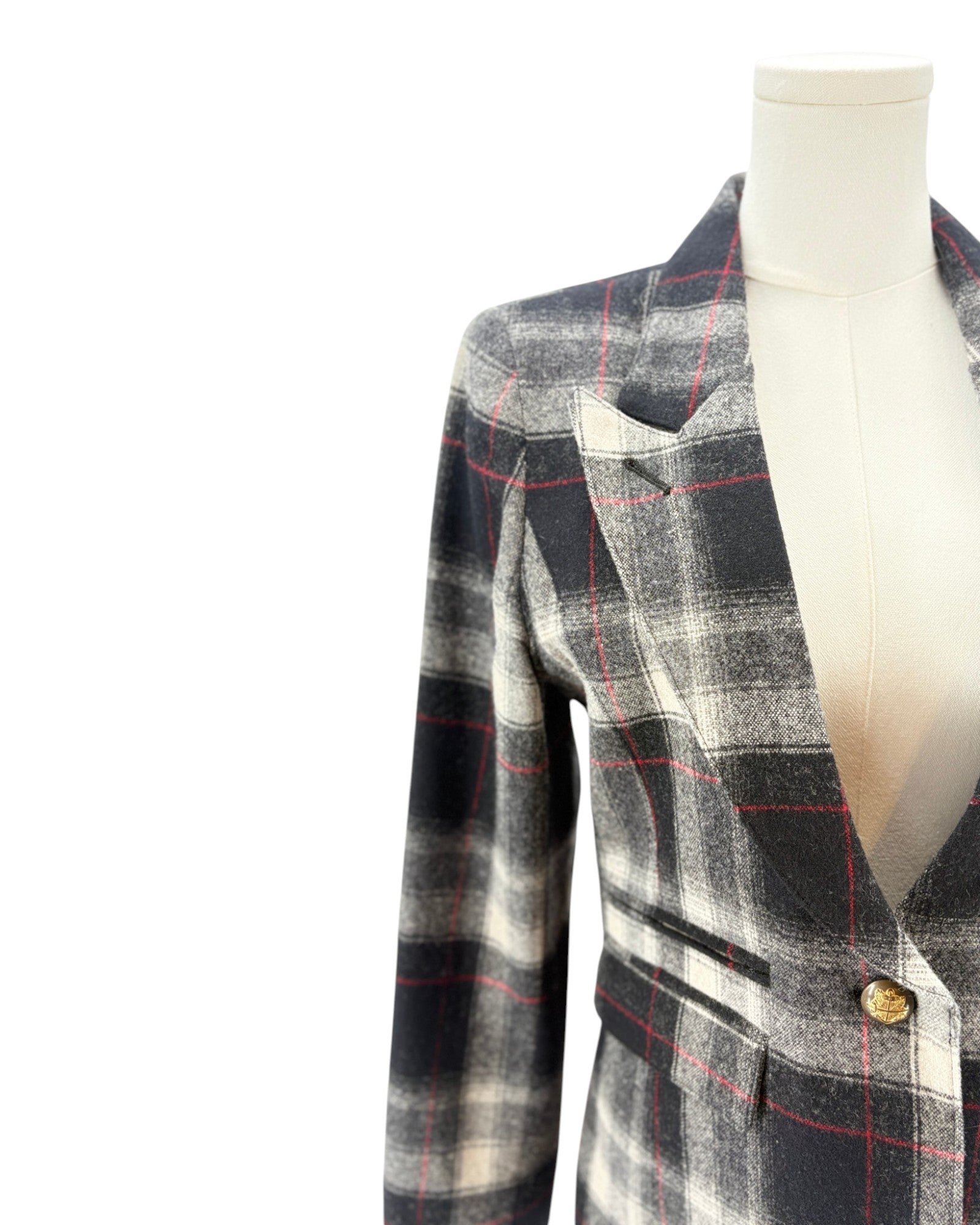 Smythe laid blazer jacket with leather elbow patches on a mannequin against a white background