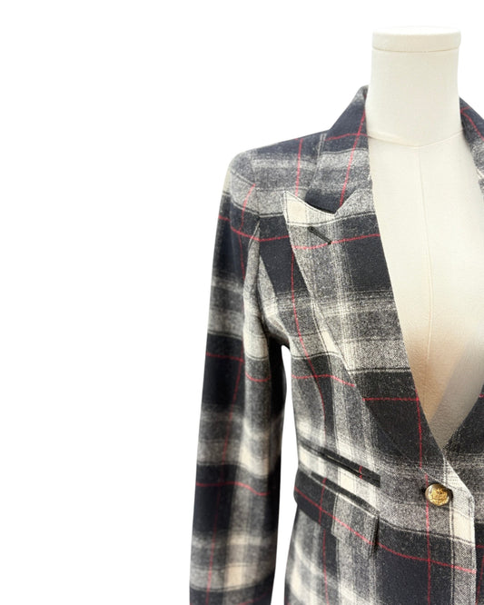 Smythe laid blazer jacket with leather elbow patches on a mannequin against a white background