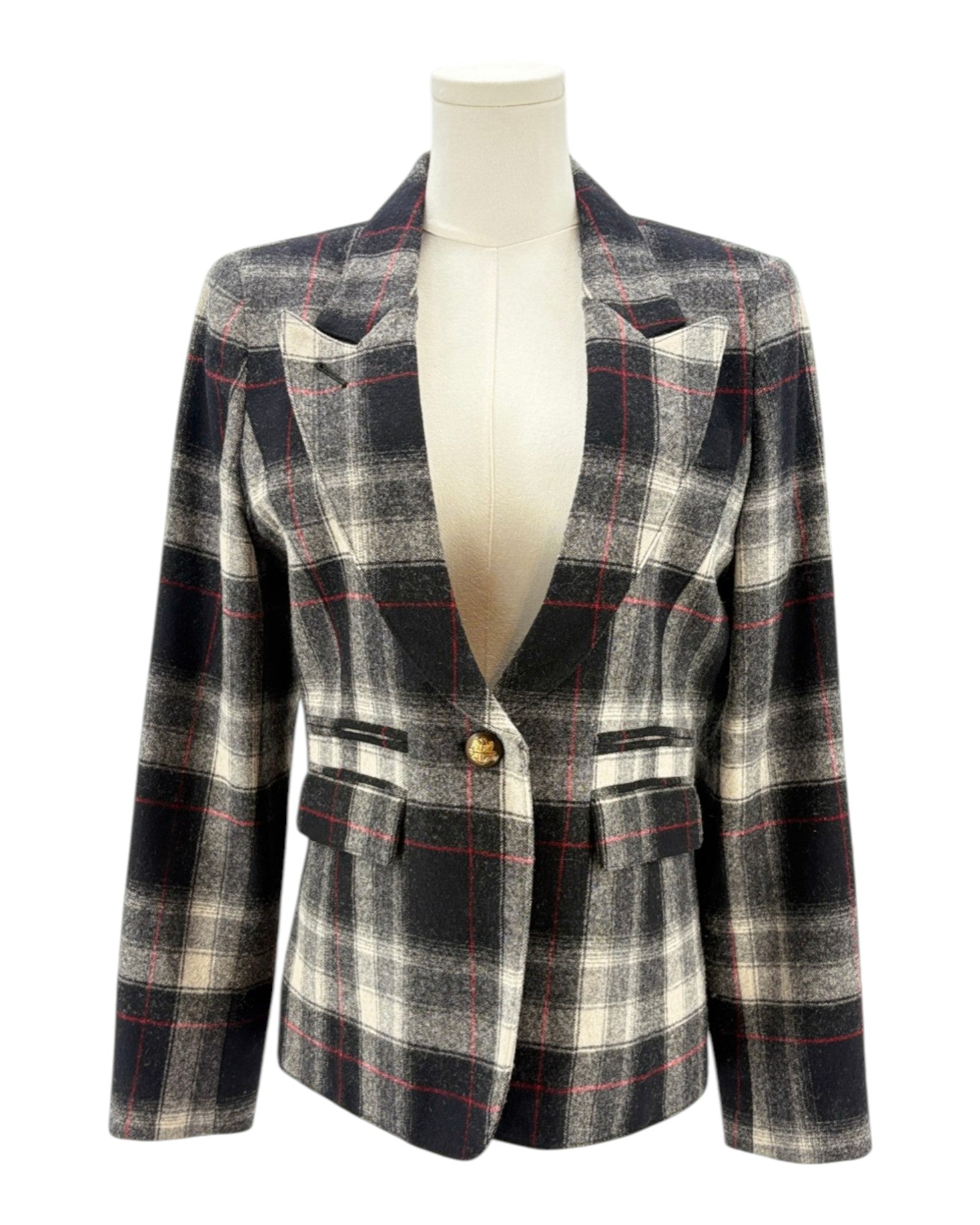 Smythe laid blazer jacket with leather elbow patches on a mannequin against a white background