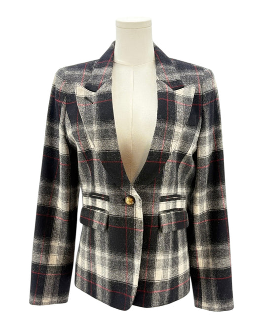 Smythe laid blazer jacket with leather elbow patches on a mannequin against a white background
